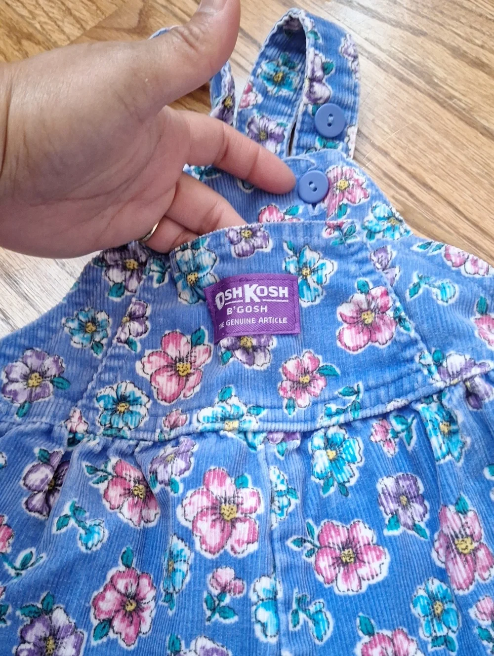 Vintage OshKosh B'gosh Blue Floral Corduroy Overalls Pink and Teal Flowers 12M